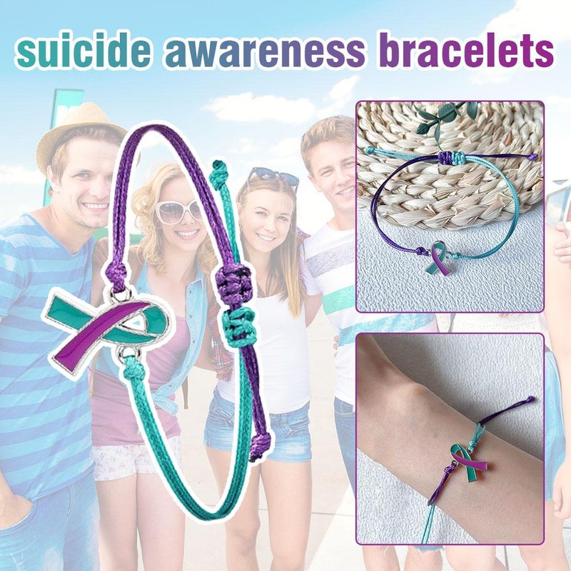 20PCS Suicide Awareness Bracelets,2025 New Bulk Suicide Prevention Awareness Bracelets Teal and Purple Ribbon Motivational Wristband Mental Health Item Charity Campaign Supplies for Women Men - Image 3